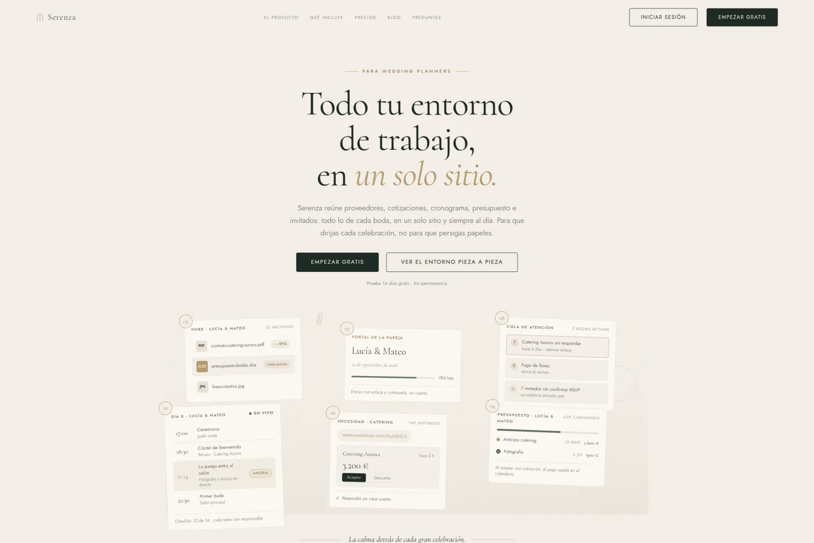 Captura de la web de Serenza, software de gestión de bodas para wedding planners